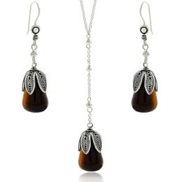 Sterling Silver Tiger Eye Dangle Earrings & Y Necklace Jewelry Set