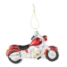 Motorcycle Ornament Glass Red/Silver 3.5 Inches