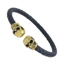Navy Blue Leather Bracelet with Gold PVD Skulls