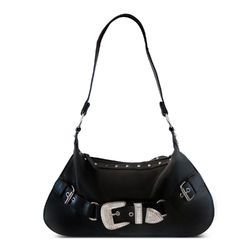 Front Rhinestone Buckle Leather Baguette Bag