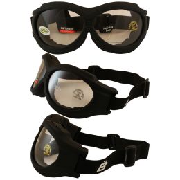 Birdz Buzzard Black Frame Motorcycle Goggles Shatterproof Anti-Fog Polycarbonate Lenses and Vented Open Cell Foam (Lens: Clear)